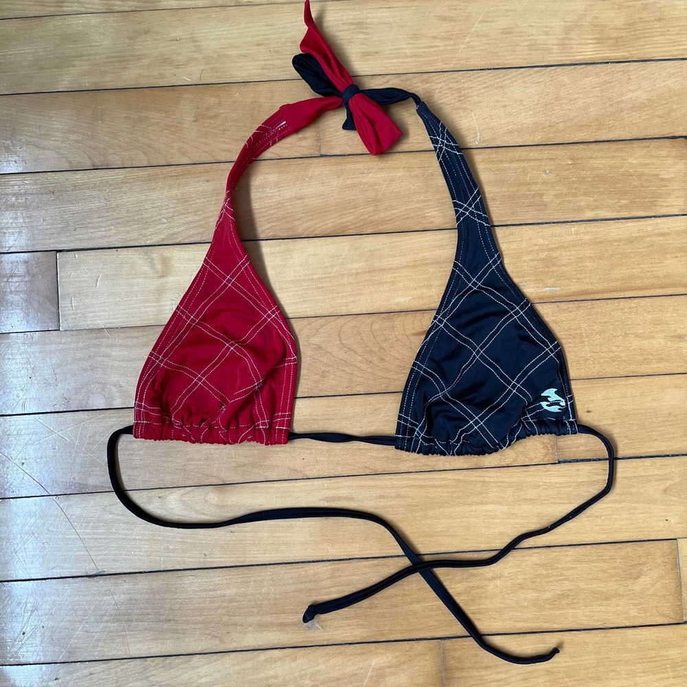 Billabong Adjustable Red Black Pattern Triangle Bikini Top Halter Swimwear